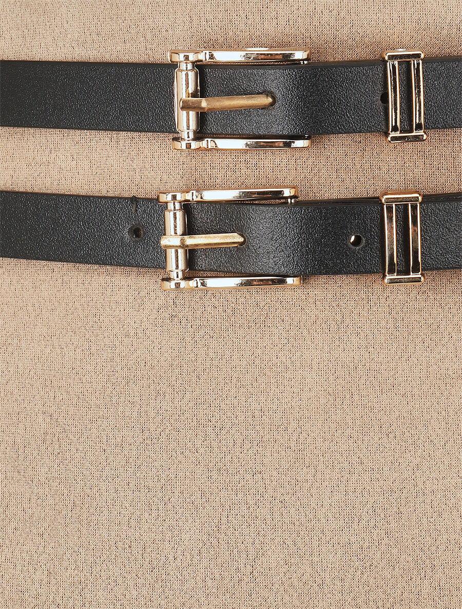 Halflange suedine rok met dubbele riemlussen - Beige - Image 3