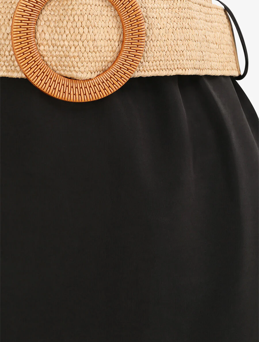 Halflange trapèze rok met papieren zak taille - Zwart - Image 3