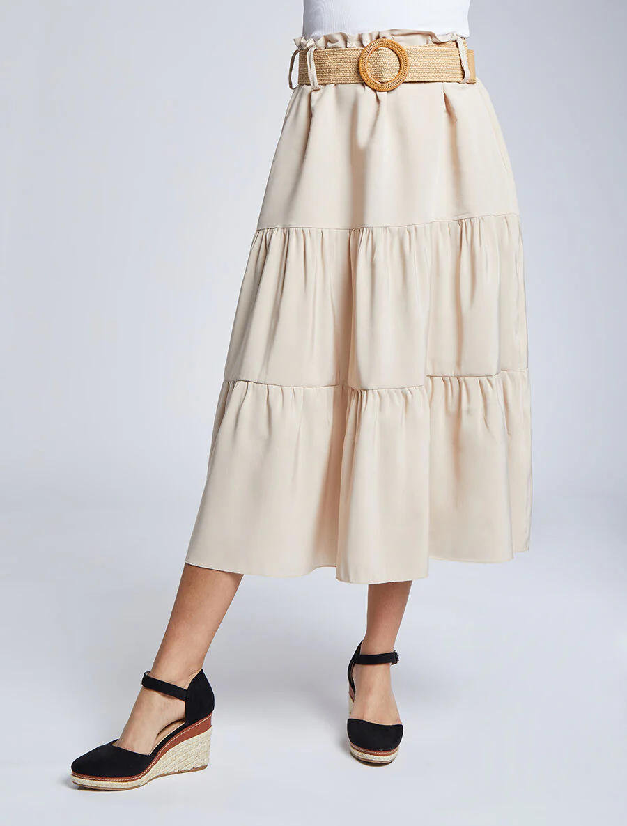 Halflange trapèze rok met papieren zak taille - Beige