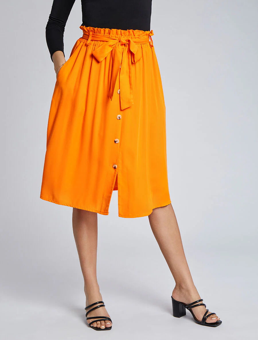 Halflange uitlopende effen rok met gerimpelde taille - Oranje - Image 4