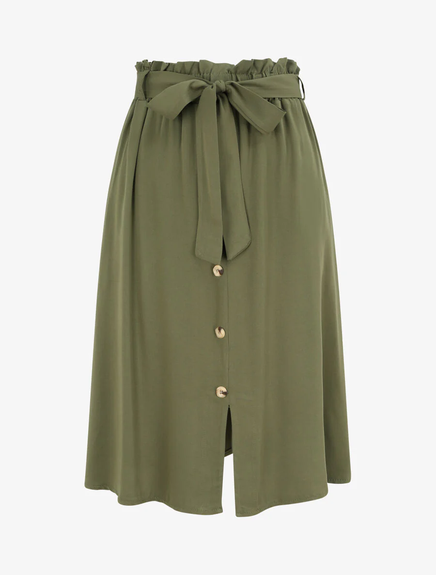 Halflange uitlopende effen rok met gerimpelde taille - Khaki