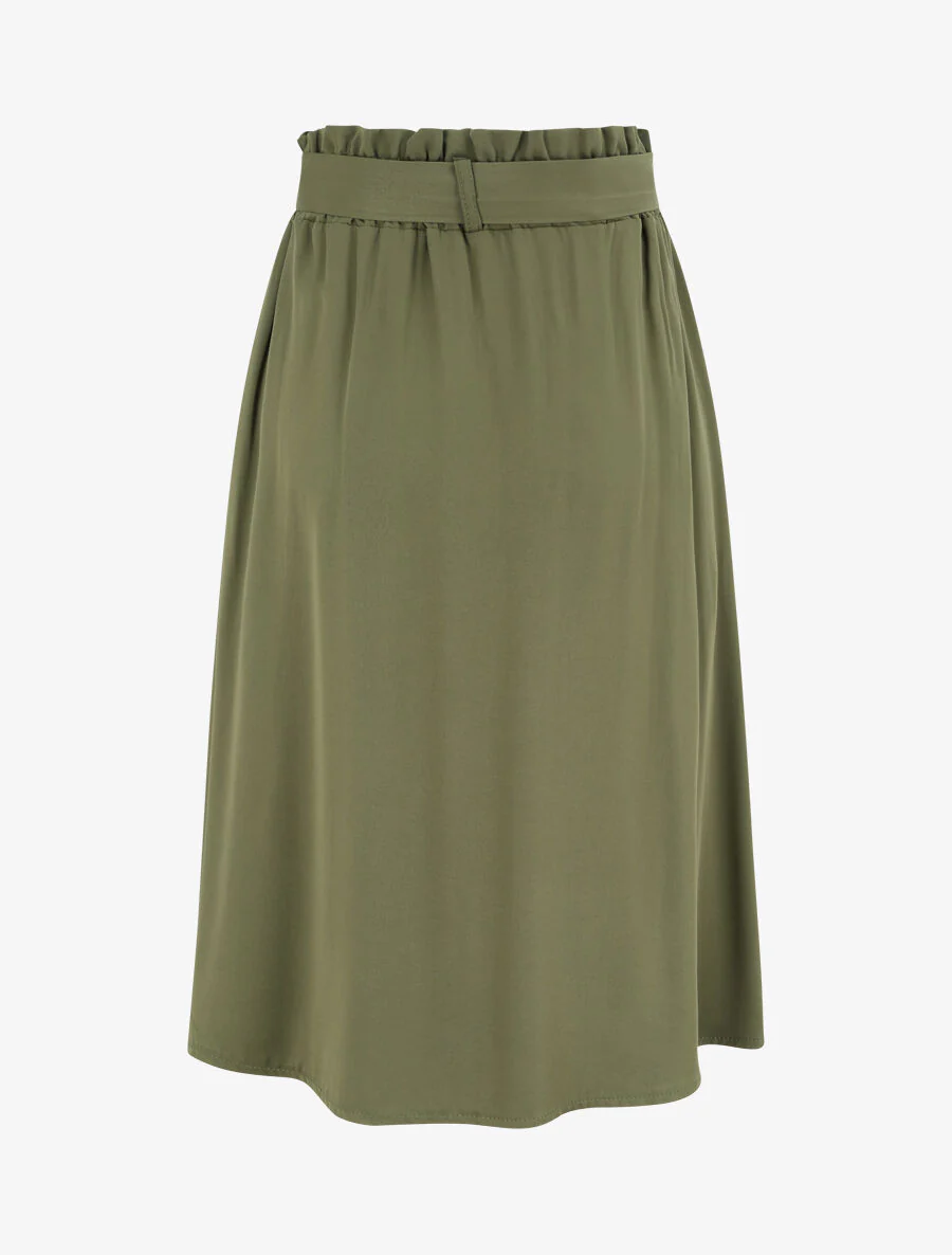 Halflange uitlopende effen rok met gerimpelde taille - Khaki - Image 2