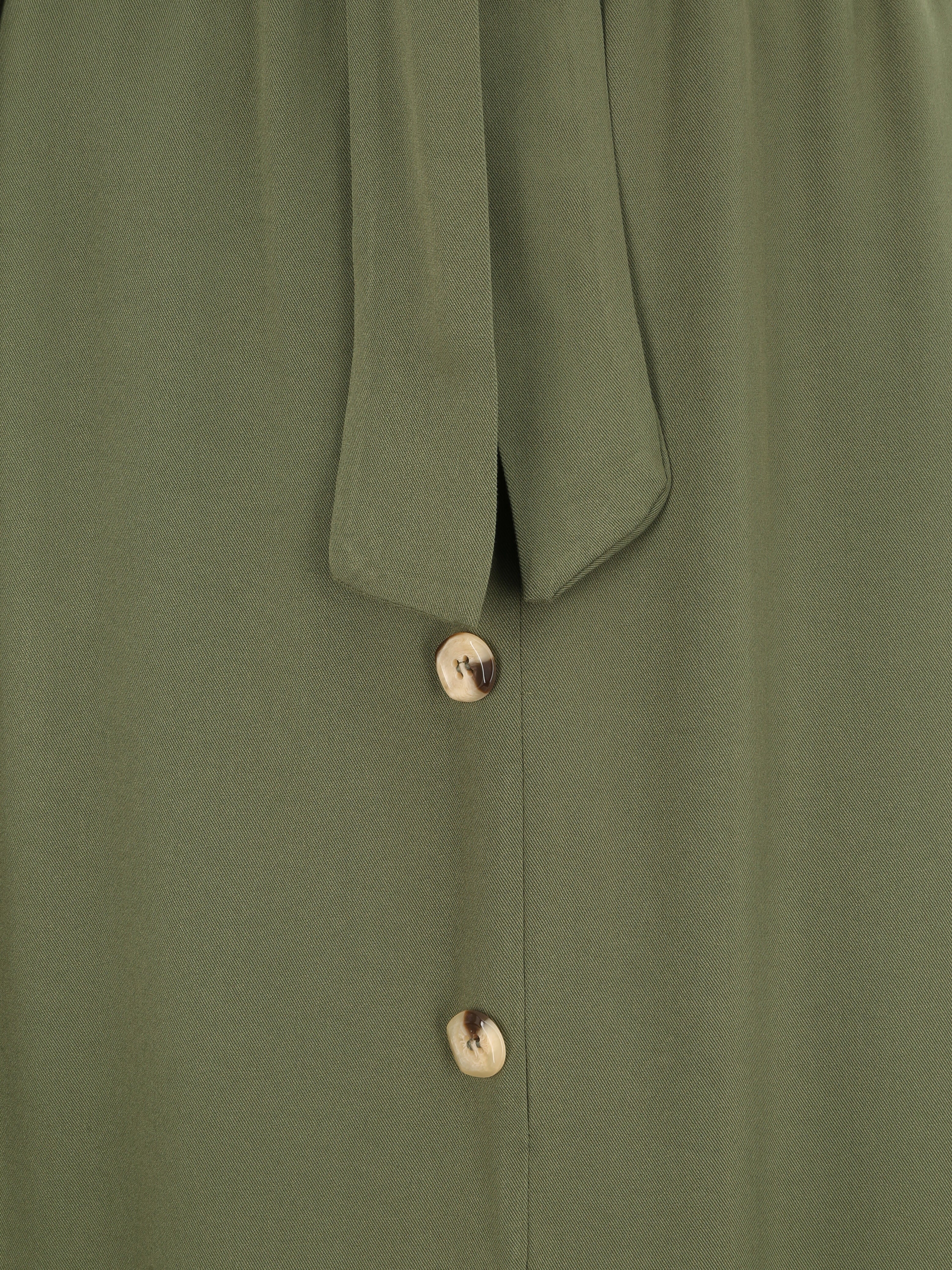Halflange uitlopende effen rok met gerimpelde taille - Khaki - Image 3