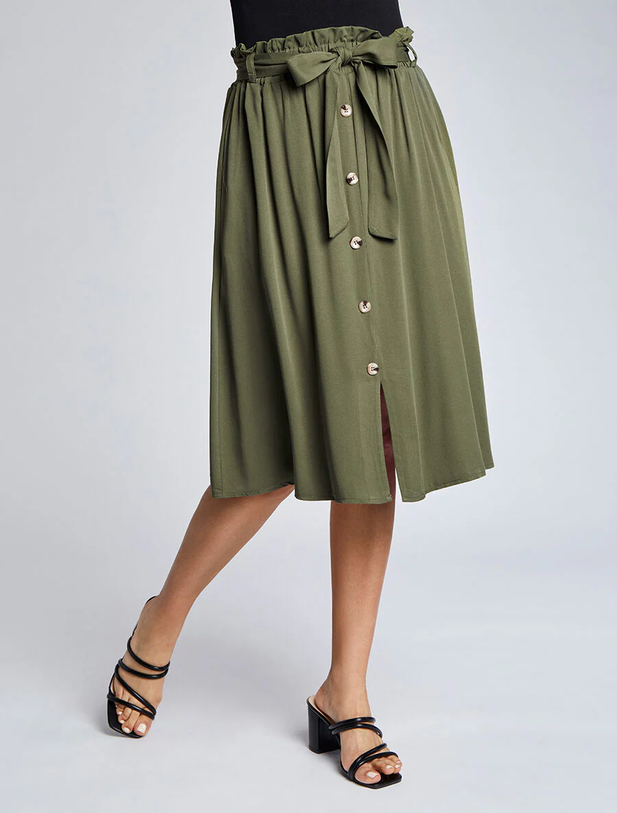 Halflange uitlopende effen rok met gerimpelde taille - Khaki - Image 4