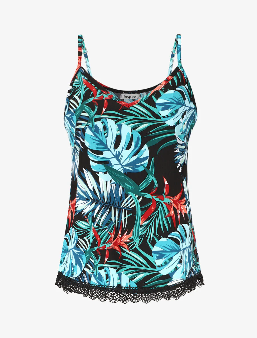 Hemdje met bladerenprint en geborduurde randen - blauw