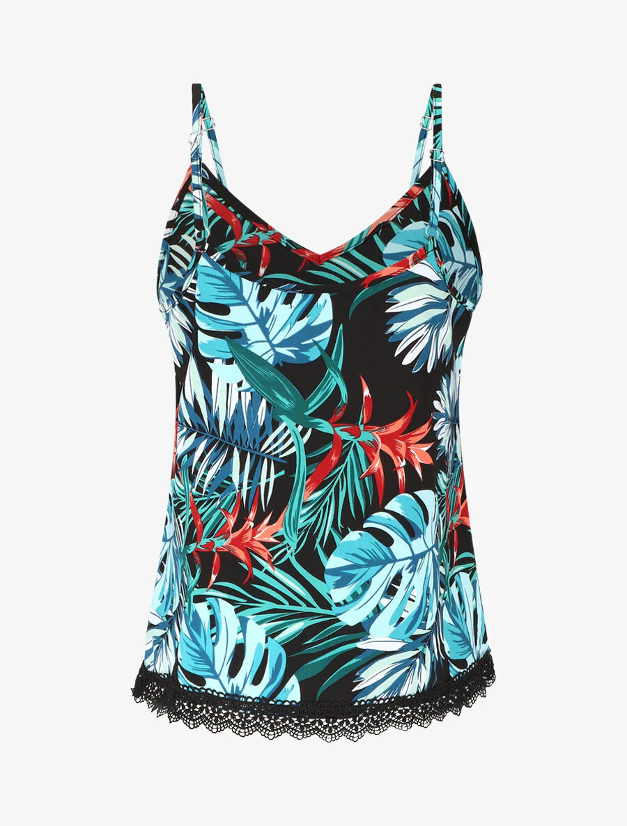 Hemdje met bladerenprint en geborduurde randen - blauw - Image 2