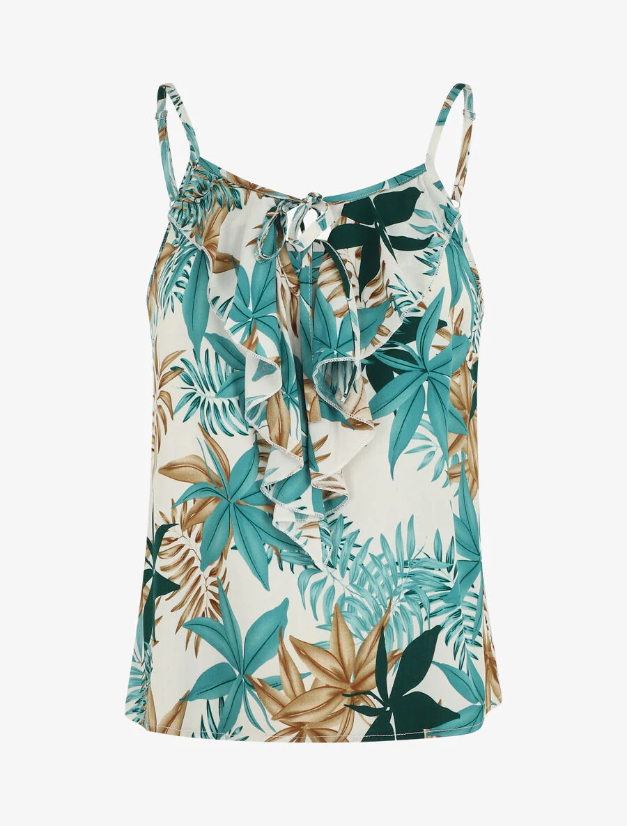 Hemdje met bladerenprint en ruches - Aqua