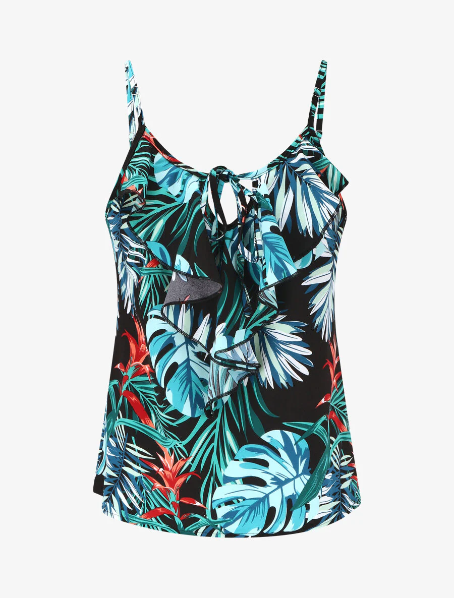 Hemdje met bladerenprint en ruches - blauw