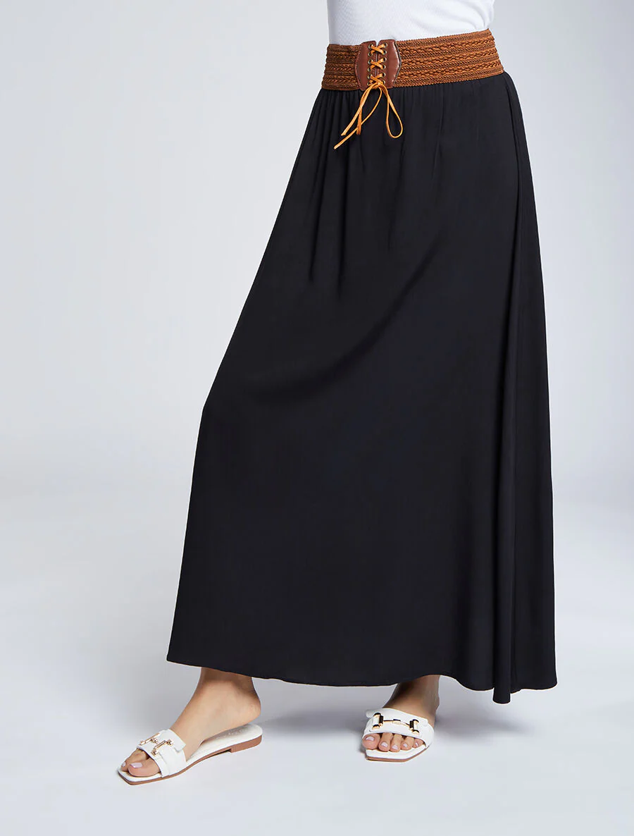 Hoge contrasterende hoge taille effen lange rok - Zwart - Image 4