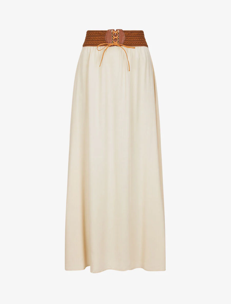 Hoge contrasterende hoge taille effen lange rok - Beige