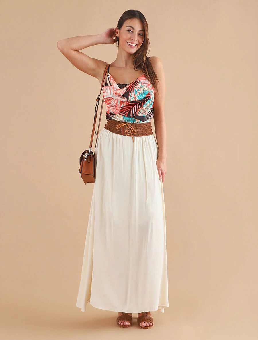 Hoge contrasterende hoge taille effen lange rok - Beige - Image 5