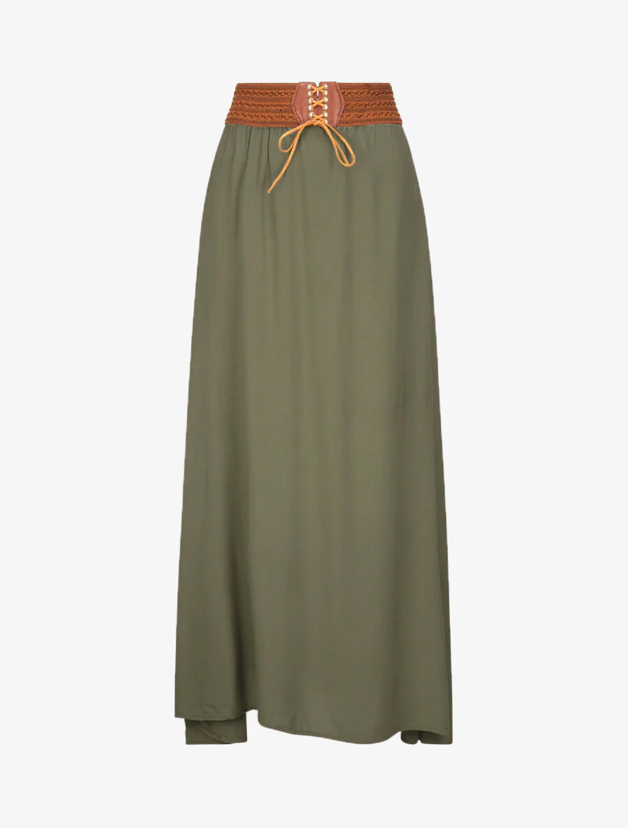 Hoge contrasterende hoge taille effen lange rok - Khaki