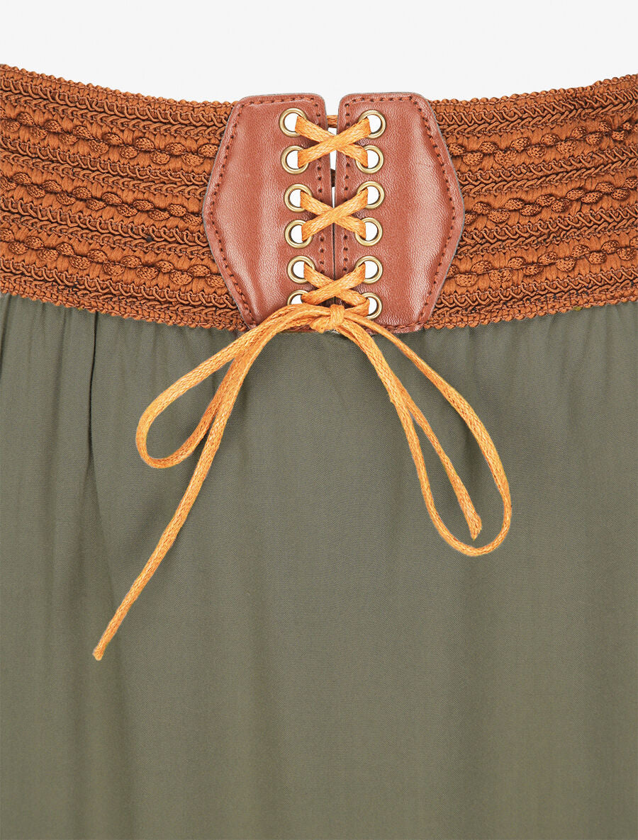 Hoge contrasterende hoge taille effen lange rok - Khaki - Image 3