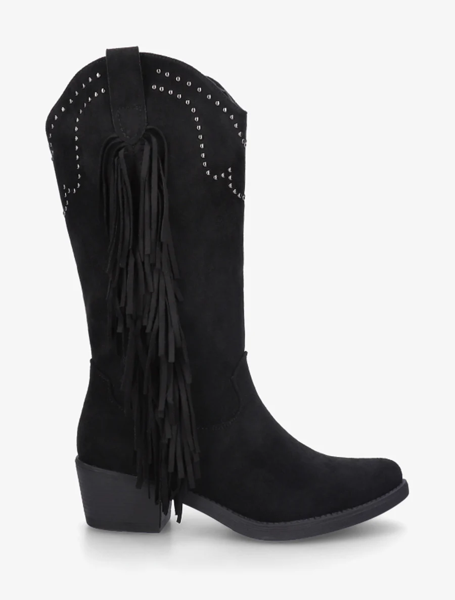 Hoge enkelboots met studs en franjes - Zwart