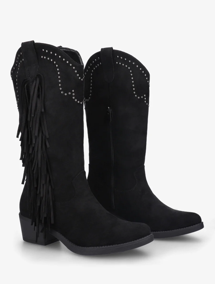 Hoge enkelboots met studs en franjes - Zwart - Image 4