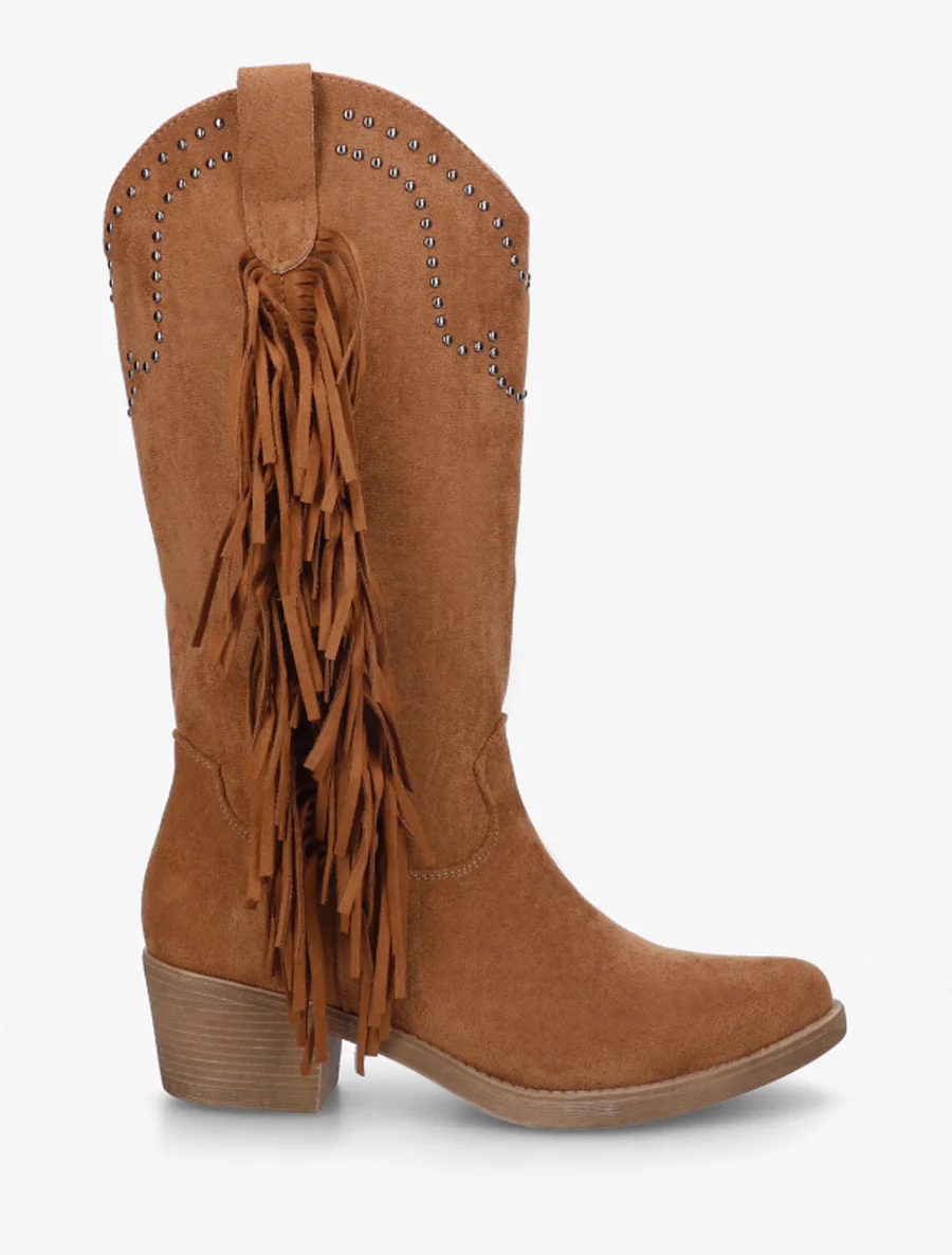Hoge enkelboots met studs en franjes - Kameel