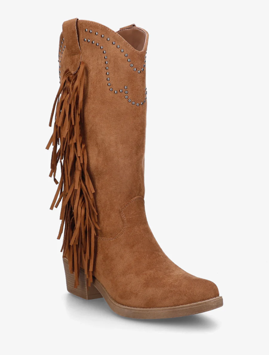 Hoge enkelboots met studs en franjes - Kameel - Image 2