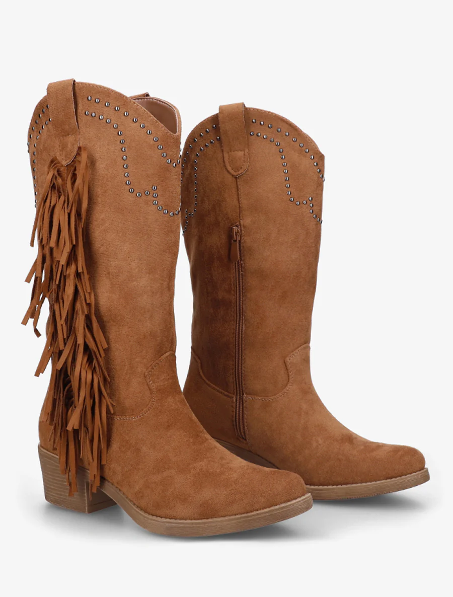 Hoge enkelboots met studs en franjes - Kameel - Image 4