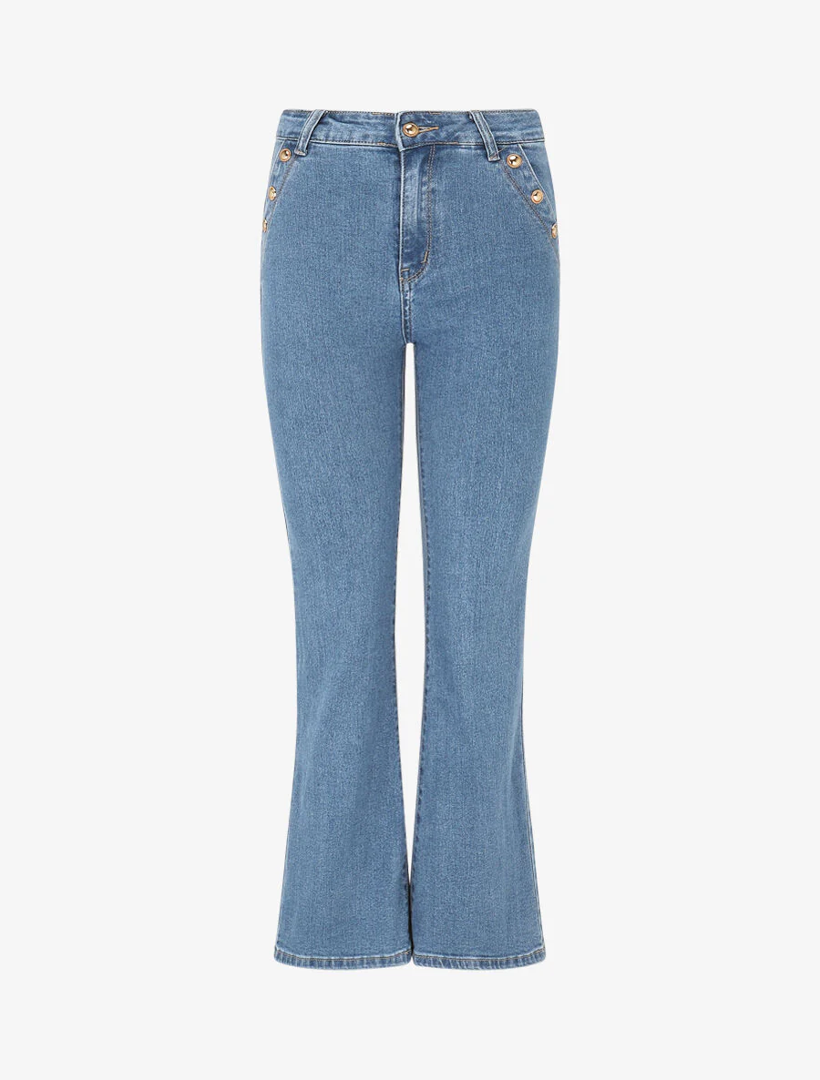 Hoge flare jeans met knoopzakken - Blauw