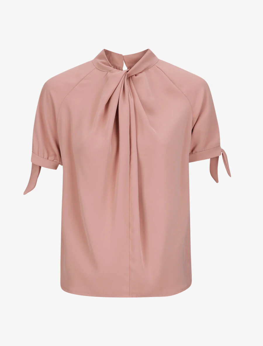 Hoge ronde hals gevlochten top - Roze