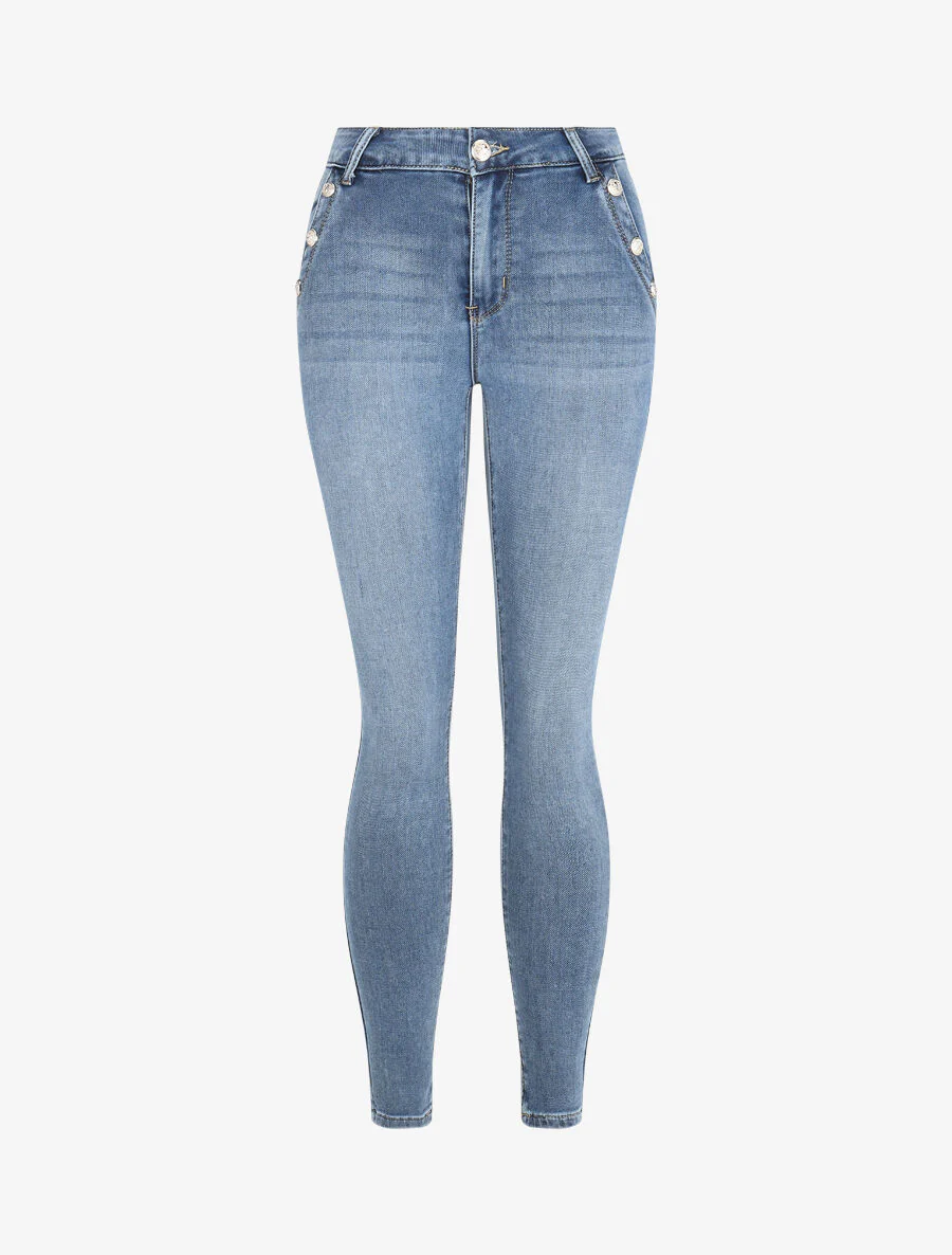 Hoge skinny jeans met knoopzakken - Lichtblauw