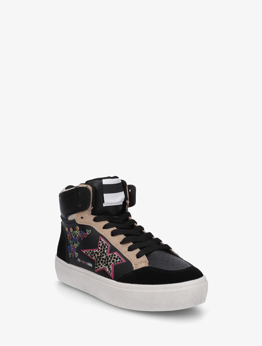 Hoge sneakers met flock en hartjesprint - Zwart - Image 2