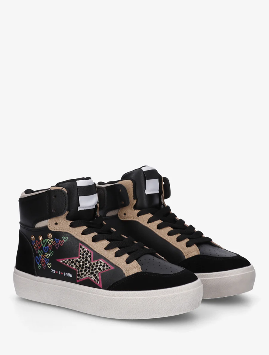 Hoge sneakers met flock en hartjesprint - Zwart - Image 4