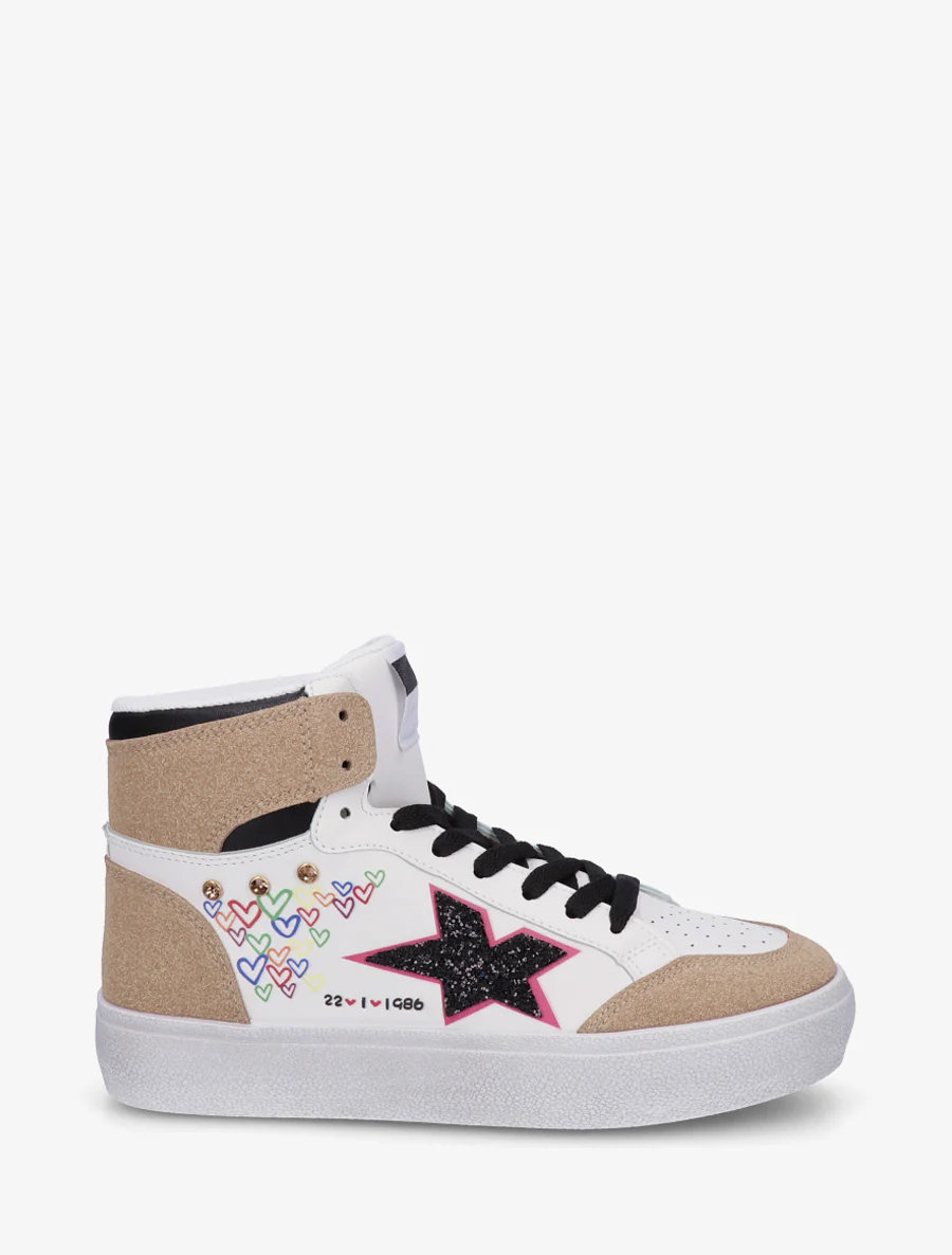 Hoge sneakers met flock en hartjesprint - Wit