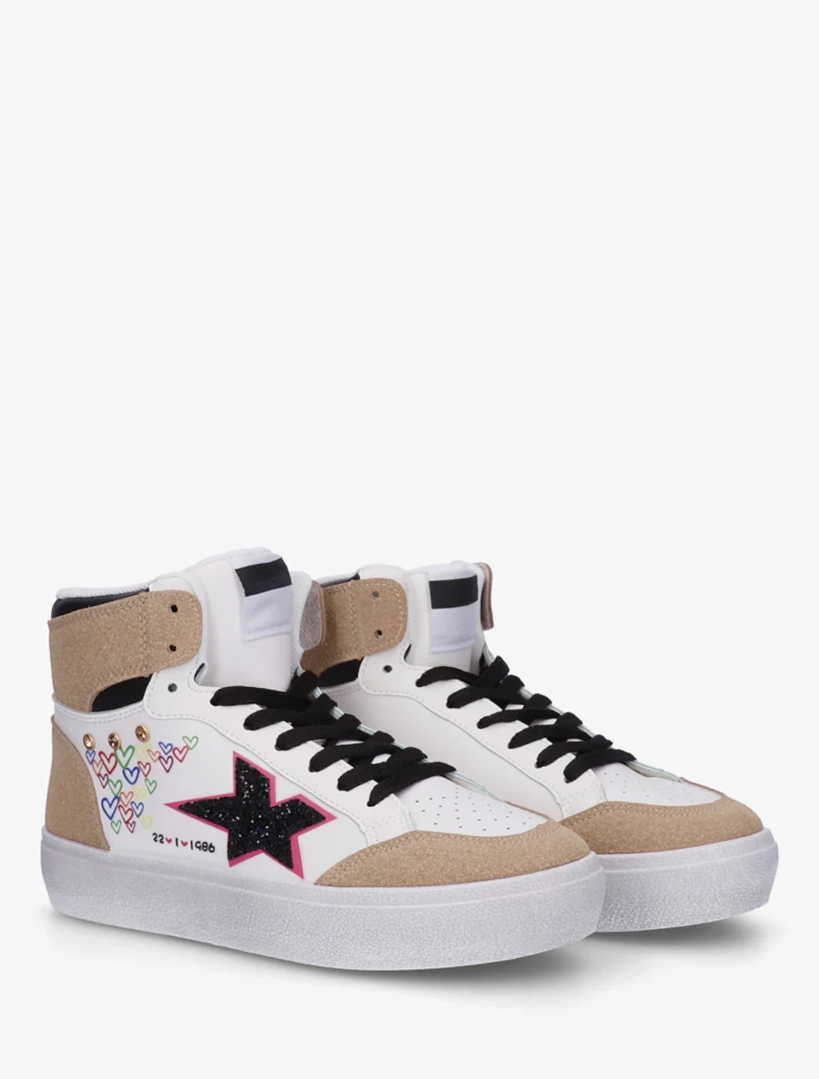 Hoge sneakers met flock en hartjesprint - Wit - Image 4