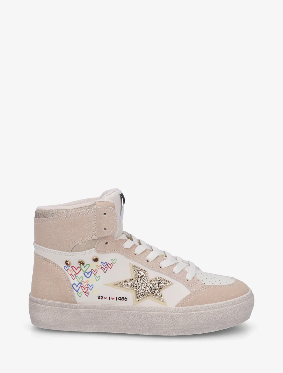 Hoge sneakers met flock en hartjesprint - Beige
