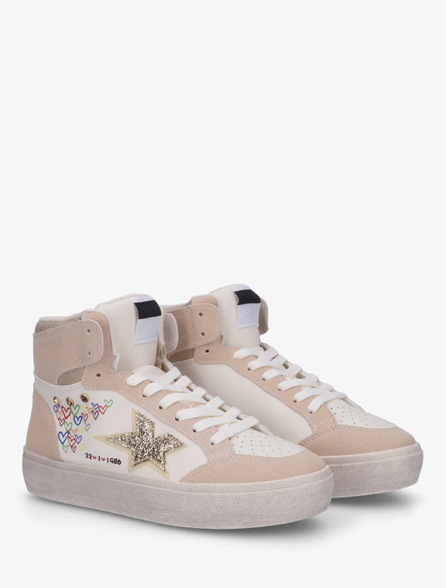 Hoge sneakers met flock en hartjesprint - Beige - Image 4