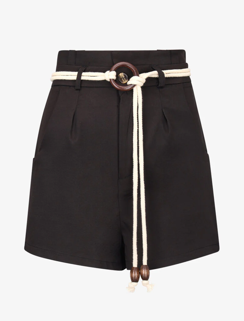 Hoge taille basic short met paperbag-detail - zwart