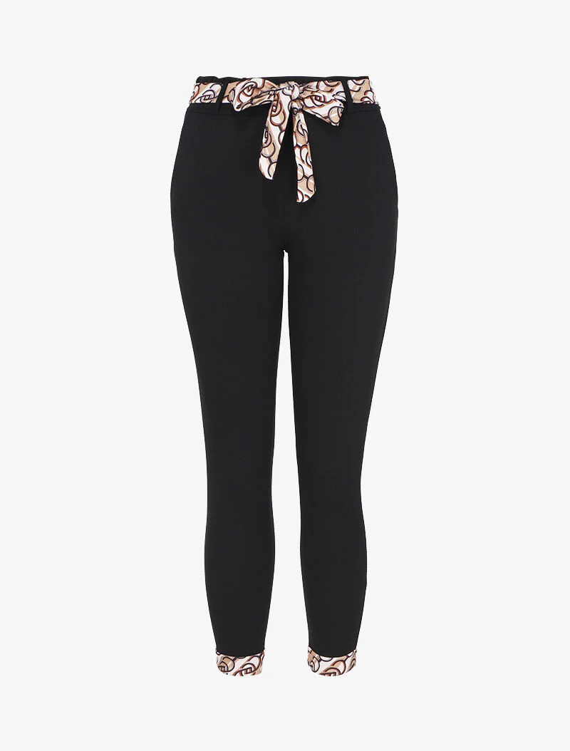 Hoog getailleerde 7/8 broek met omgeslagen prints - Zwart/beige