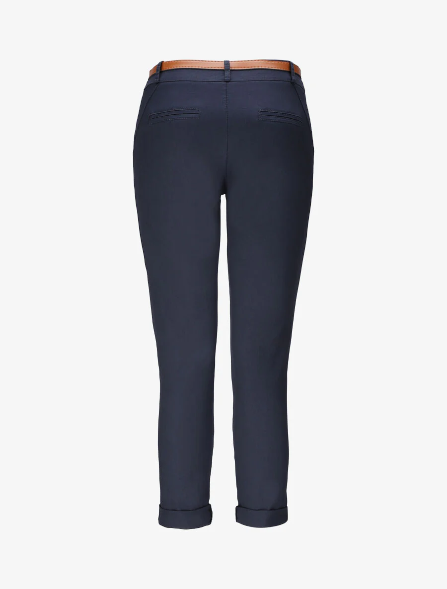 Hoge taille effen chino broek in gemengde katoen - Marineblauw - Image 2