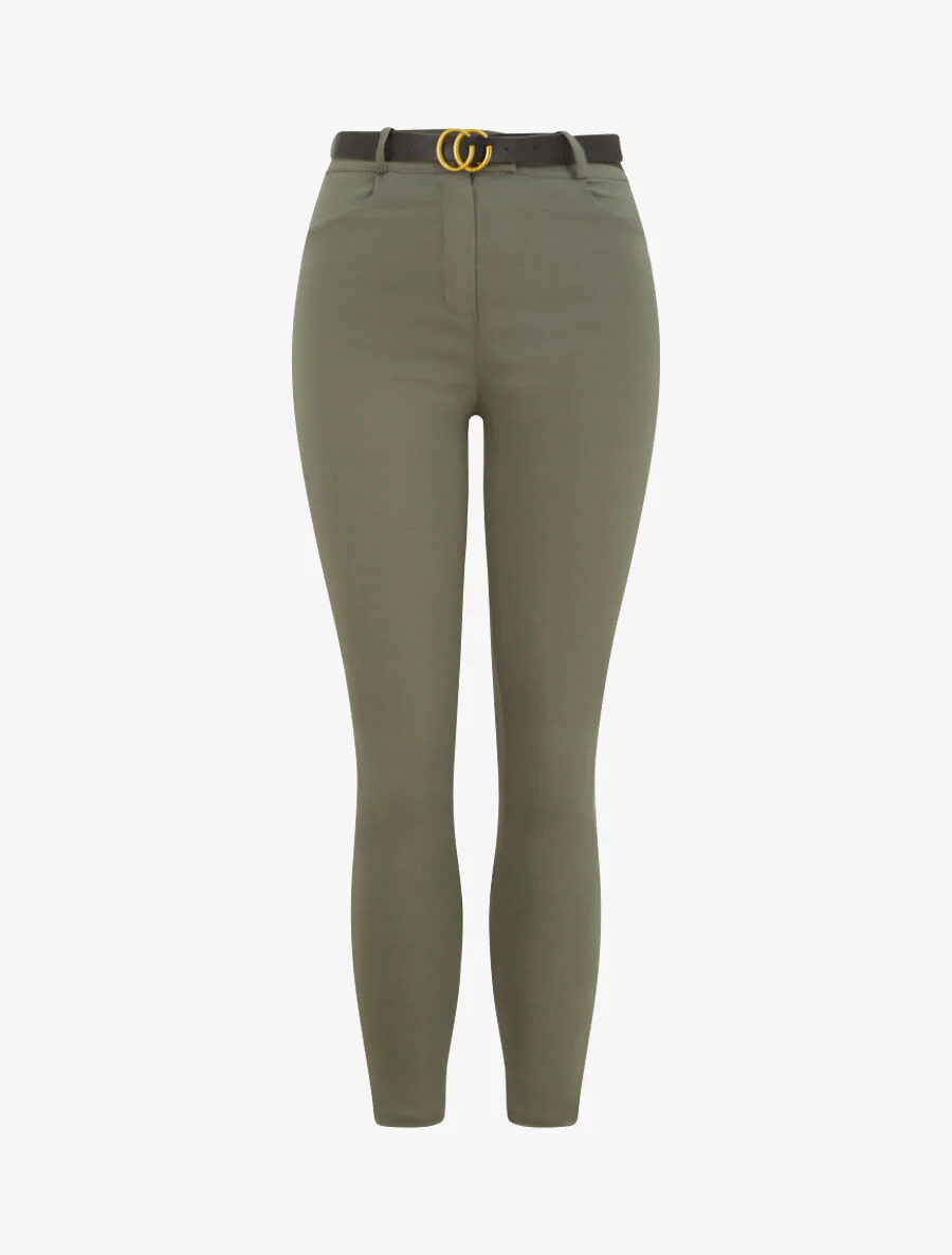 Hoge taille effen slim fit broek - Kakigroen