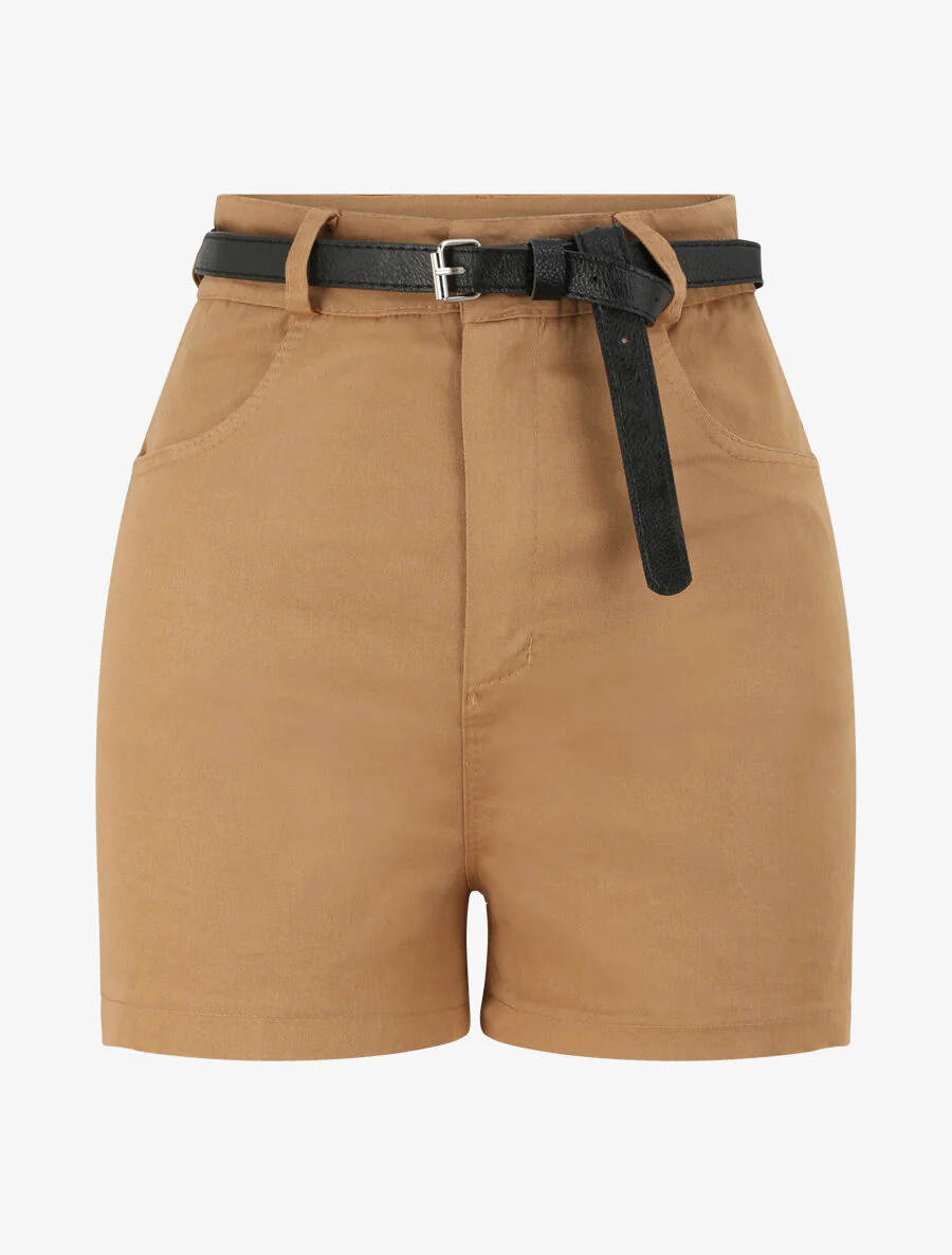 Hoge taille effen wijde short - Kameel