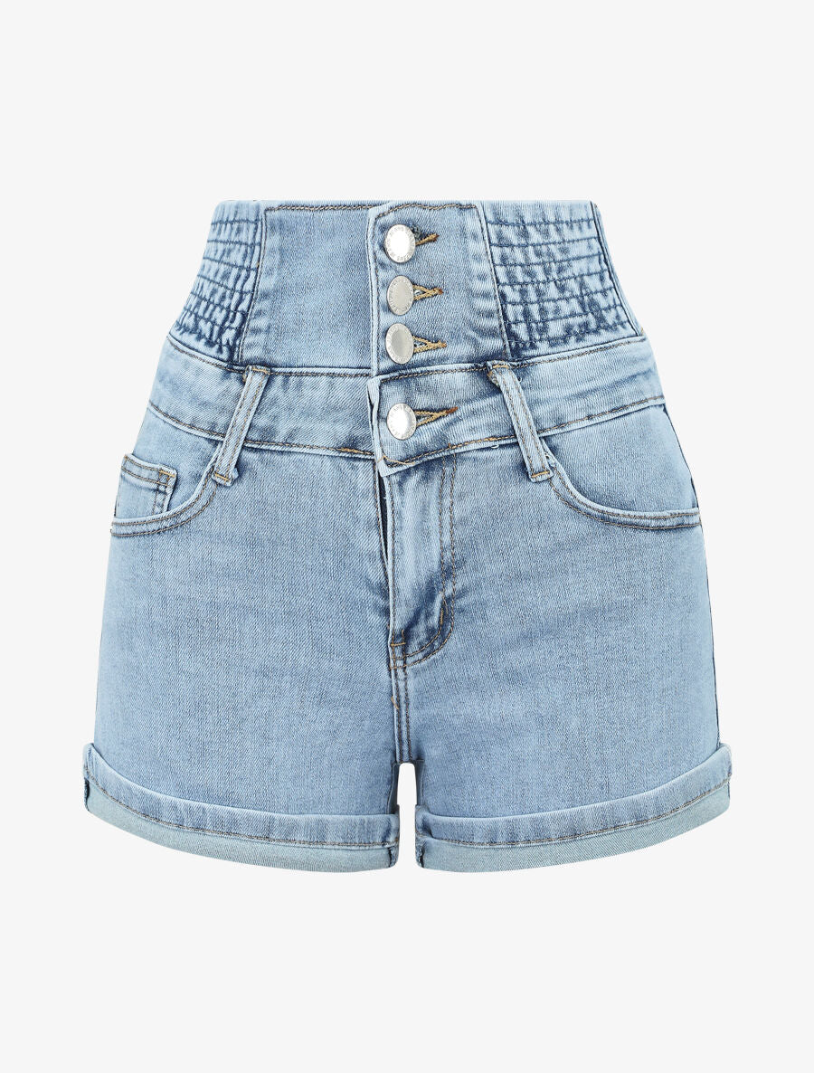 Hoge taille elastische jeansshort - Licht denim