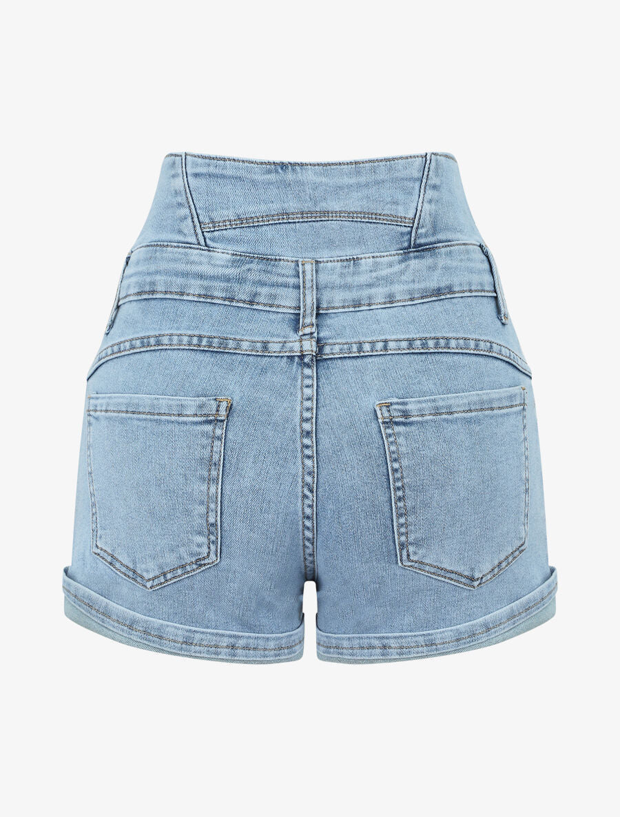 Hoge taille elastische jeansshort - Licht denim - Image 2