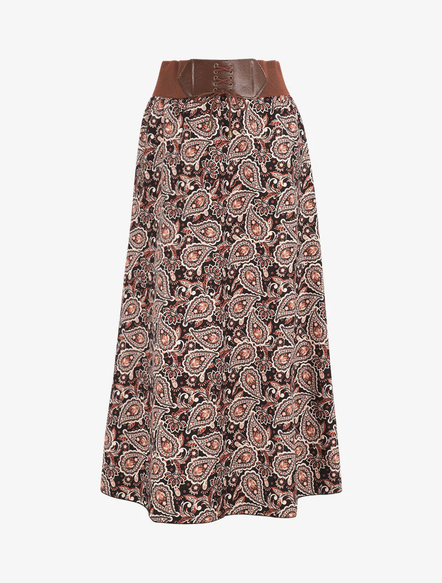 Hoge taille lange cachemire gedrukte rok - Zwart