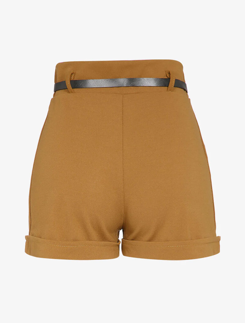 Hoge taille korte broek met gestileerde knopen - Camel - Image 2