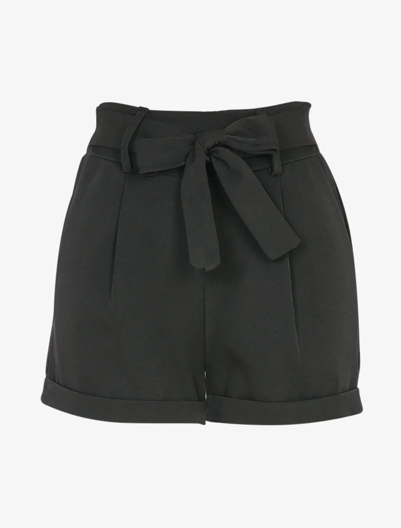 Hoge taille korte broek met omslag en strikceintuur - Zwart