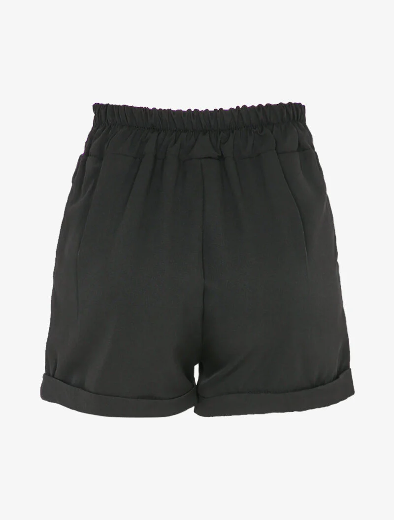 Hoge taille korte broek met omslag en strikceintuur - Zwart - Image 2