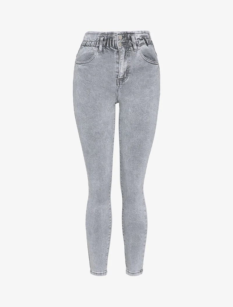 Hoge taille skinny jeans met paperbag-detail - Grijs