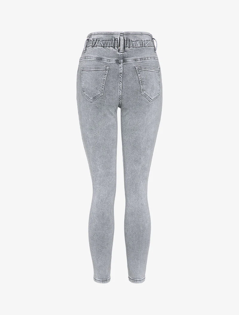 Hoge taille skinny jeans met paperbag-detail - Grijs - Image 2