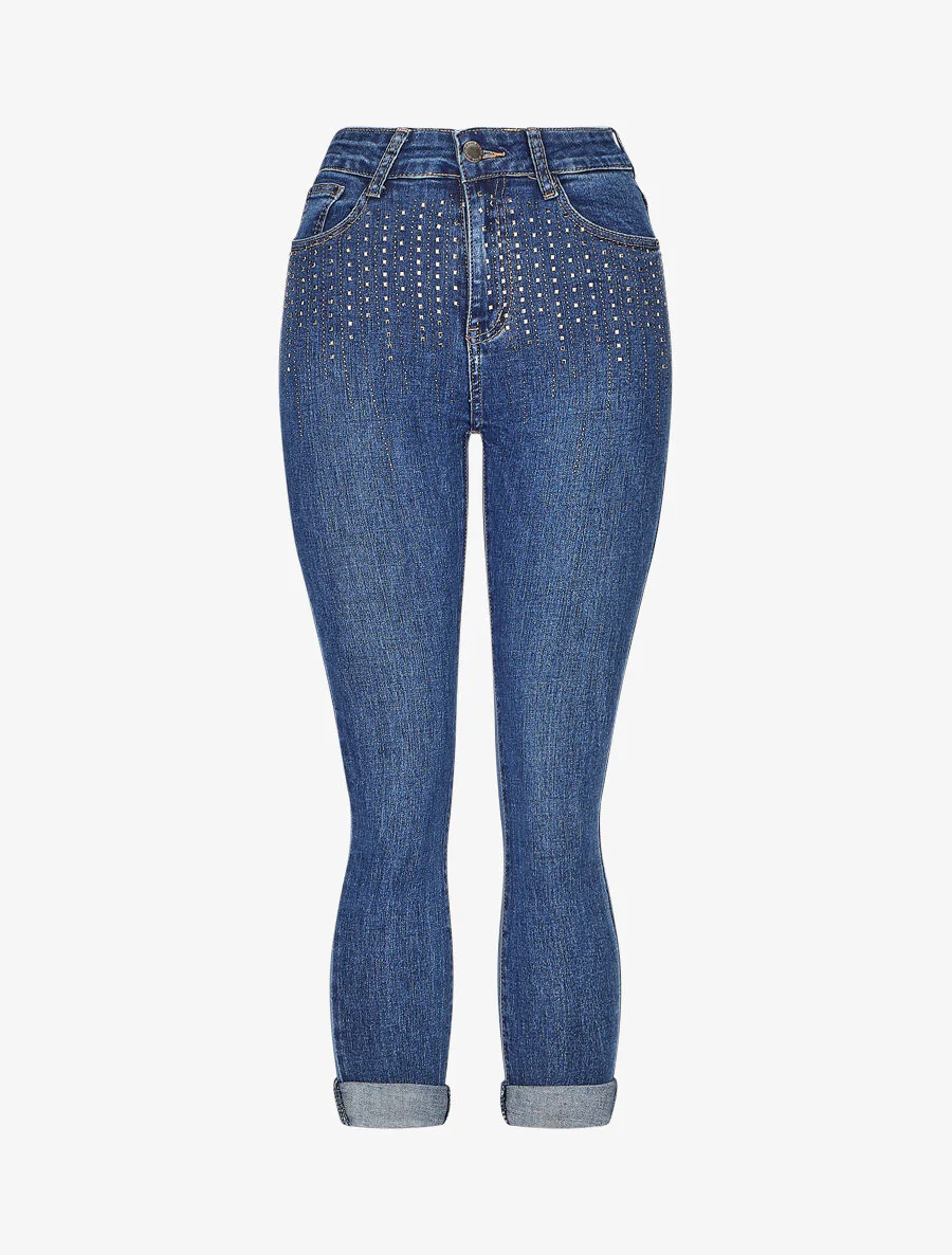 Hoge taille skinny jeans met strass - Blauw