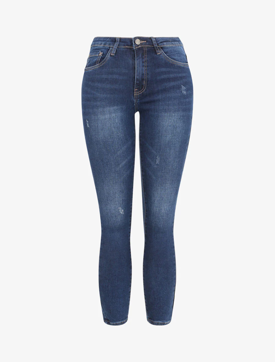 Hoge taille skinny jeans gewassen en gescheurd - Donkerblauw