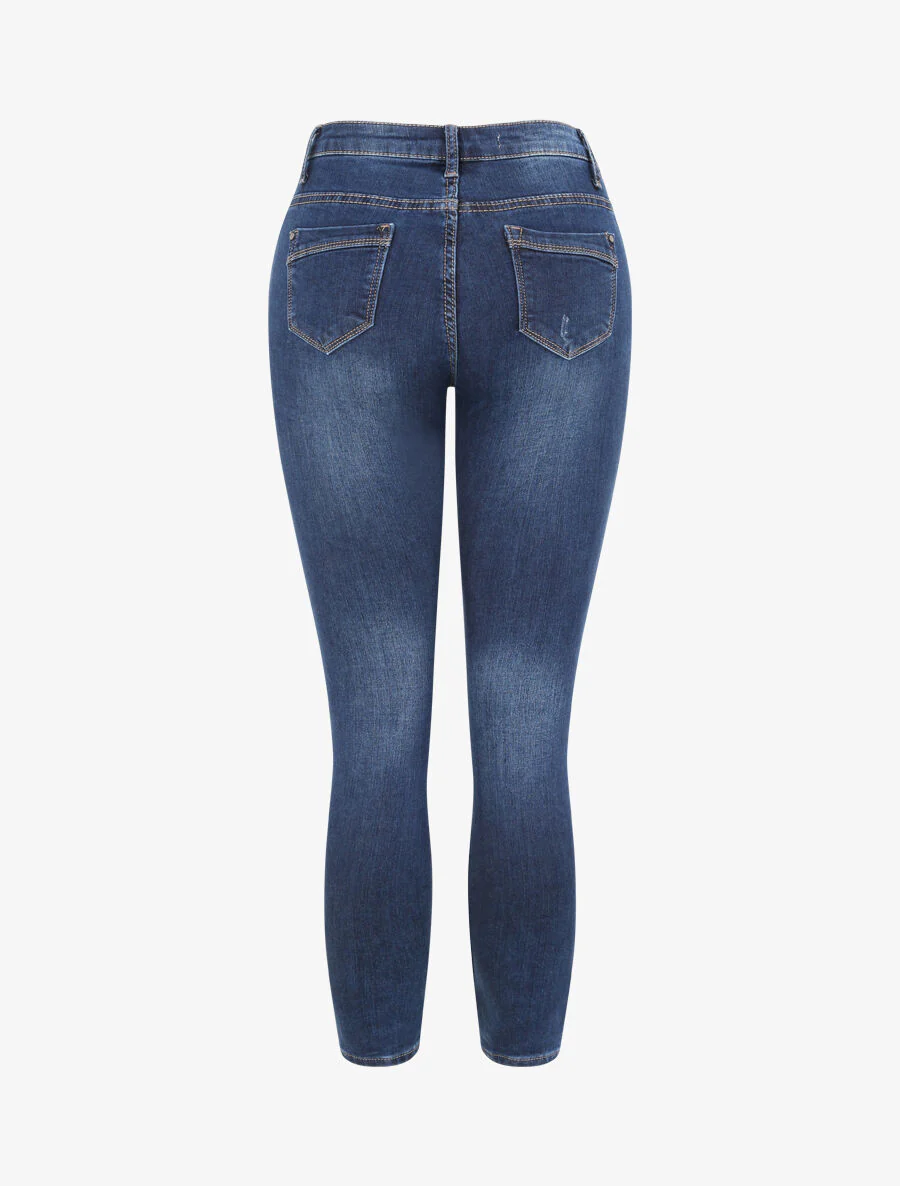 Hoge taille skinny jeans gewassen en gescheurd - Donkerblauw - Image 2