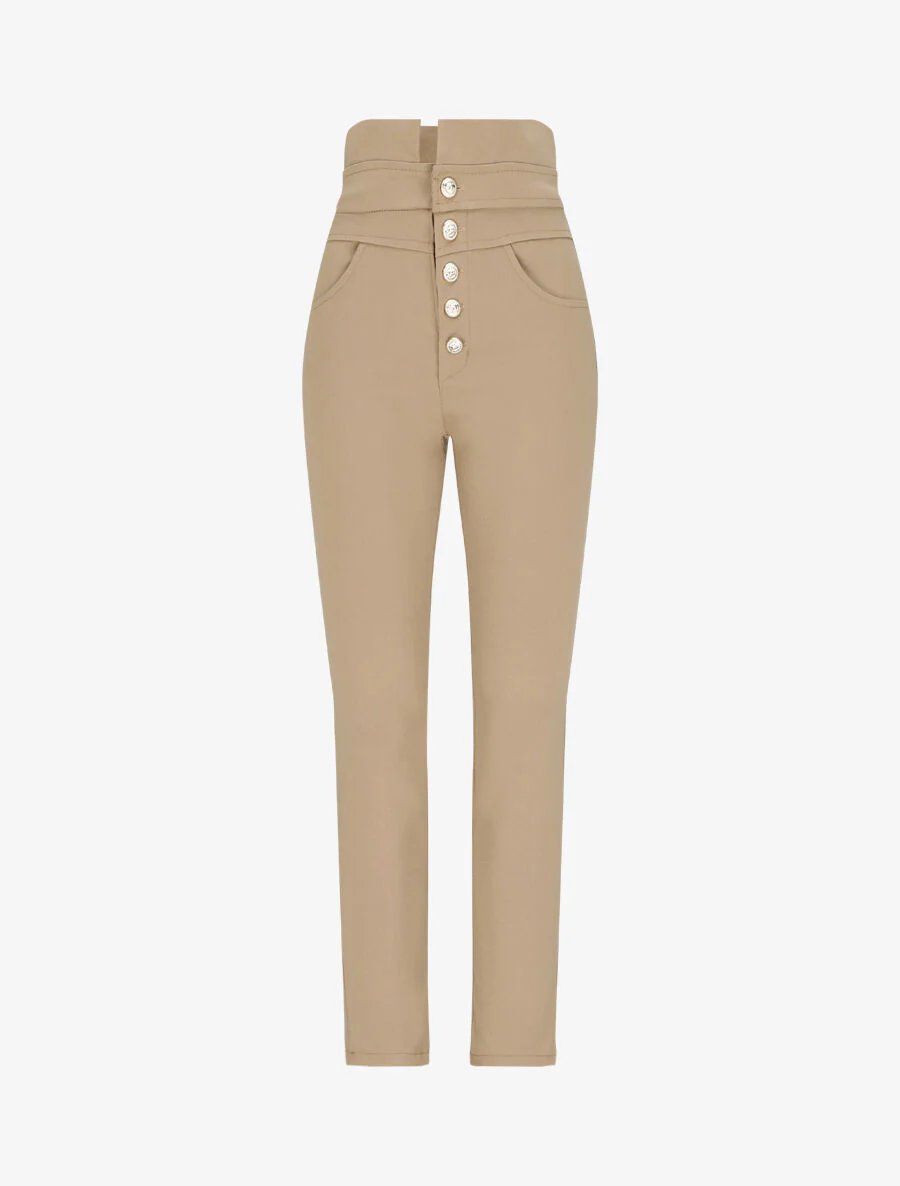 Hoge taille strakke gouden knoop broek - Kameel
