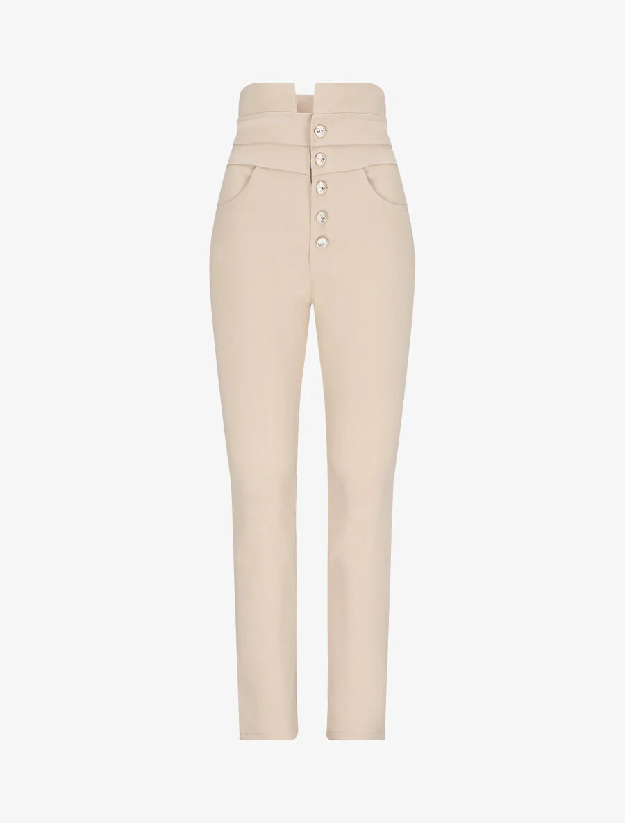 Hoge taille strakke gouden knoop broek - beige