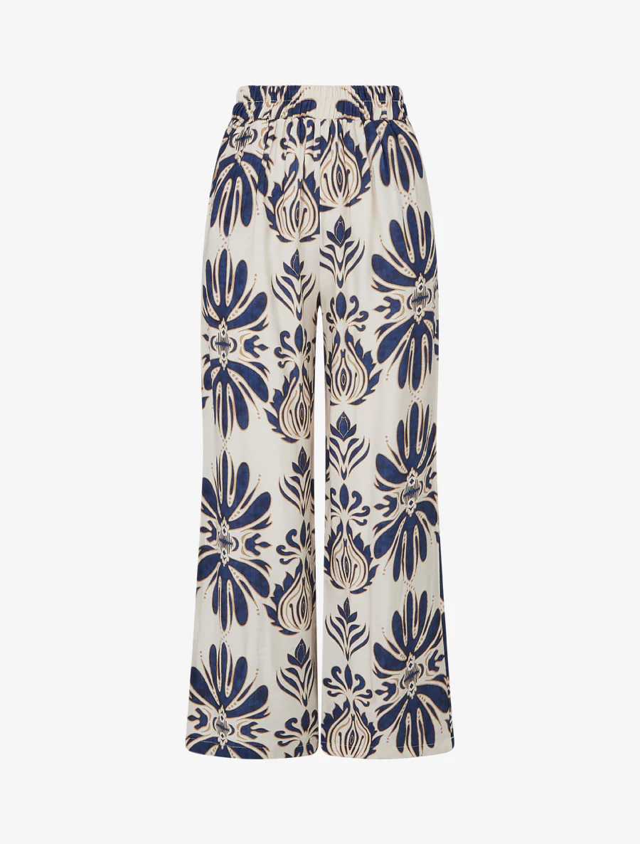 Hoge taille wijde broek met arabeskenprint - Marine